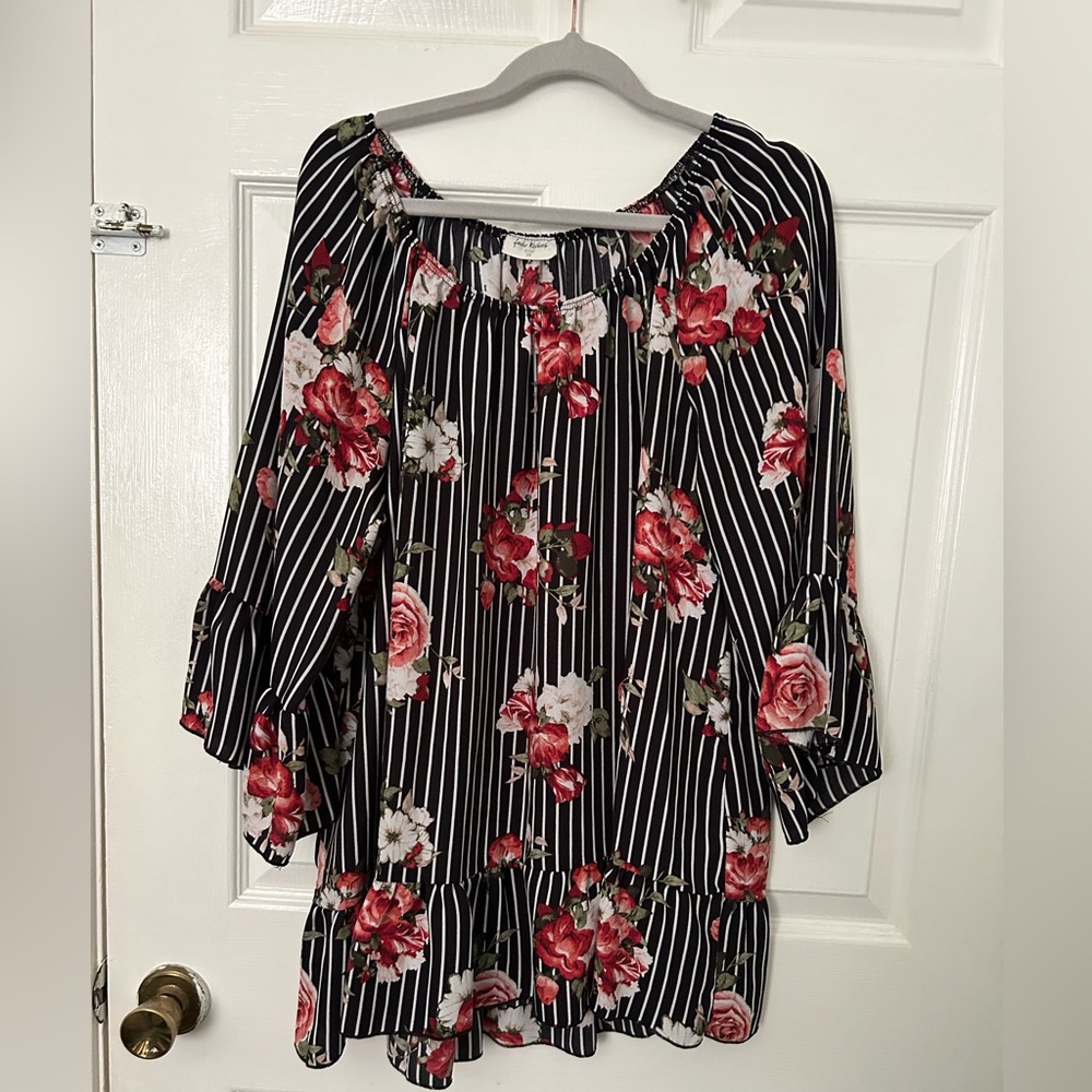 Free Kisses Black Striped Off-Shoulder Top with Red Floral Print